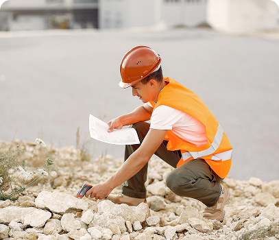 Engineer inspecting site with documents.